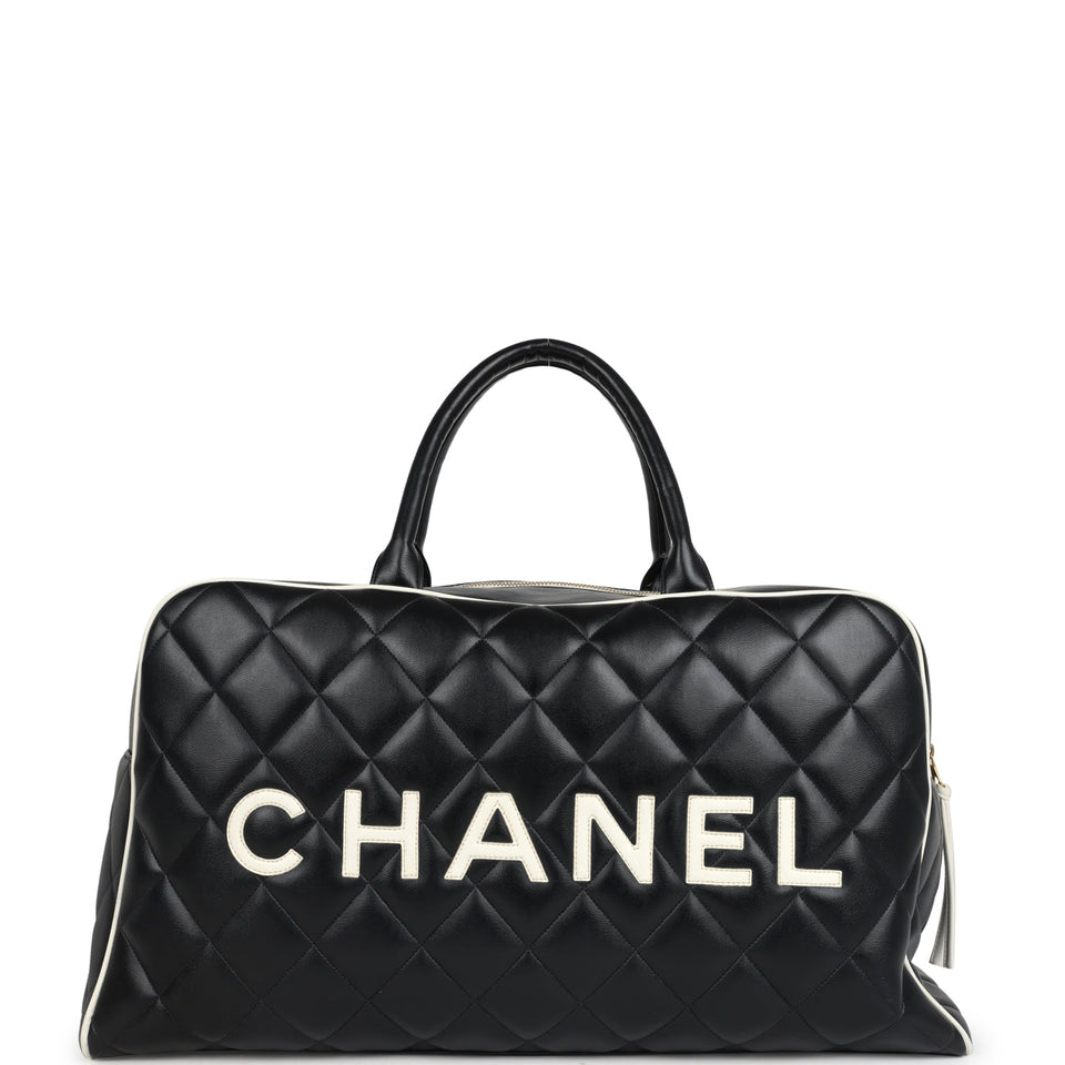 Chanel Vintage Large Logo Boston Bag Black and White Calfskin Gold Hardware