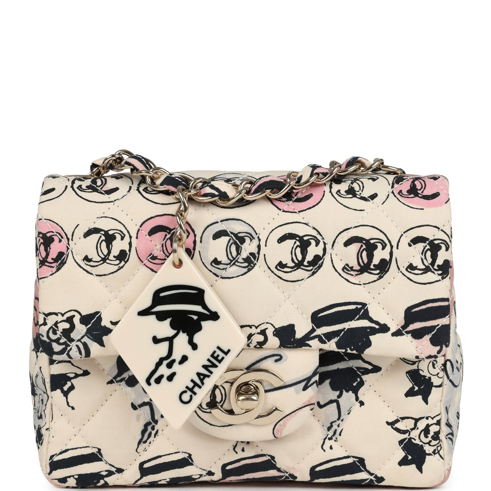 Chanel Vintage Mini Logo Square Flap Bag Light Pink Multi Printed Nylon Light Gold Hardware