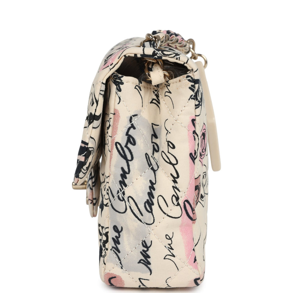 Chanel Vintage Mini Logo Square Flap Bag Light Pink Multi Printed Nylon Light Gold Hardware
