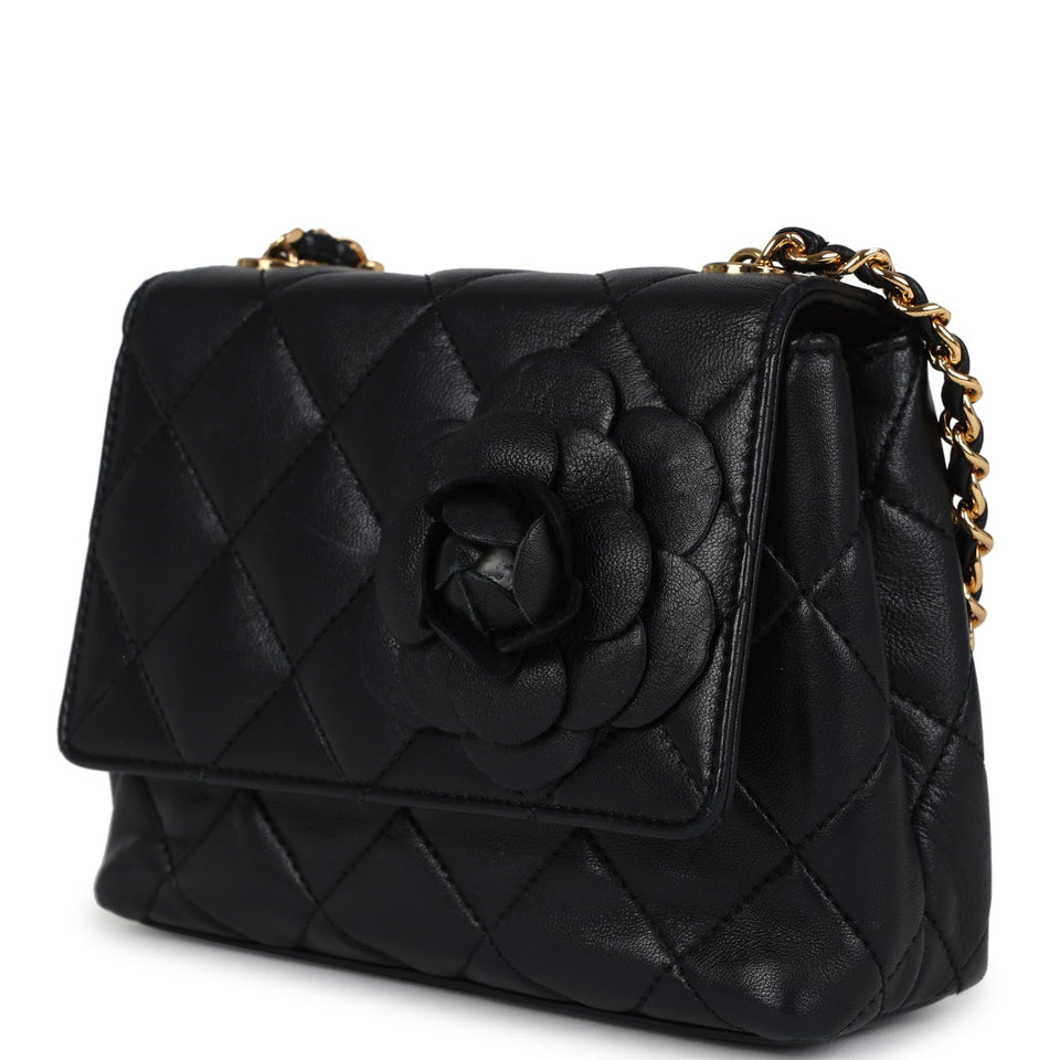 Chanel Vintage Mini Camellia Flap Bag Black Lambskin Gold Hardware