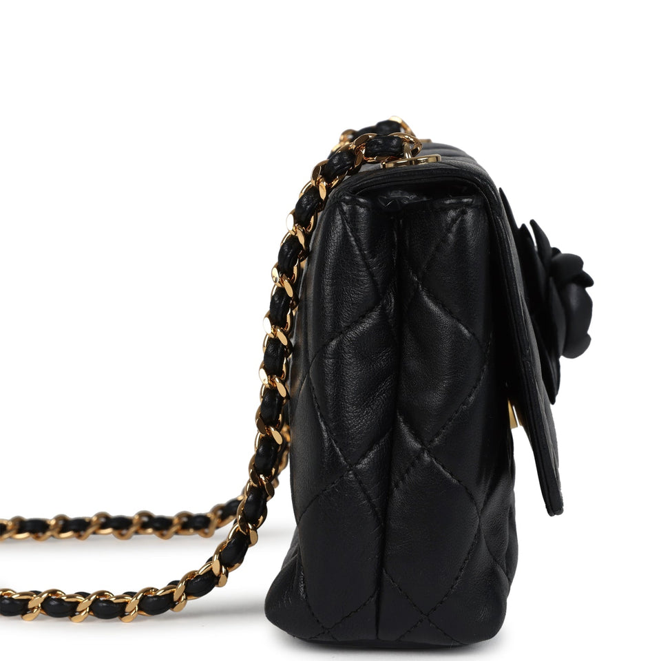 Chanel Vintage Mini Camellia Flap Bag Black Lambskin Gold Hardware