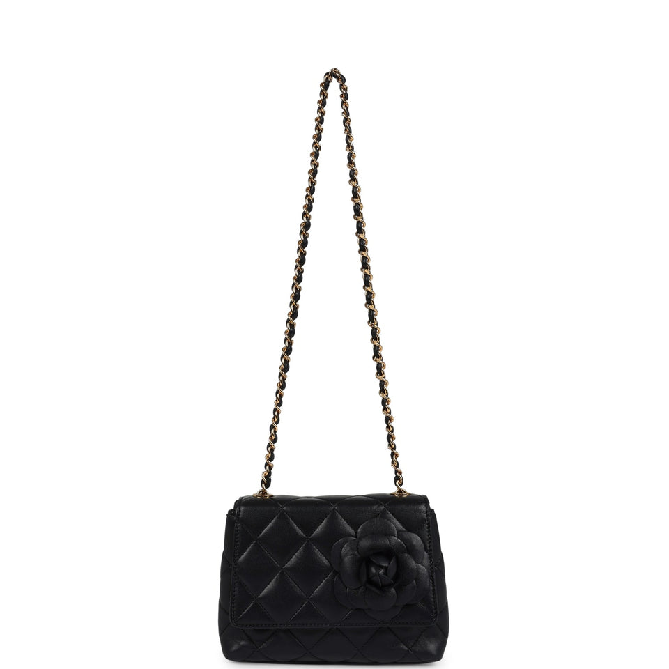 Chanel Vintage Mini Camellia Flap Bag Black Lambskin Gold Hardware