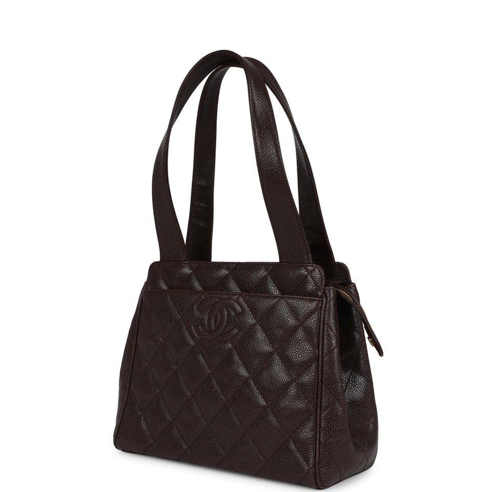 Chanel Vintage Mini Shopper Shoulder Bag Brown Caviar Gold Hardware