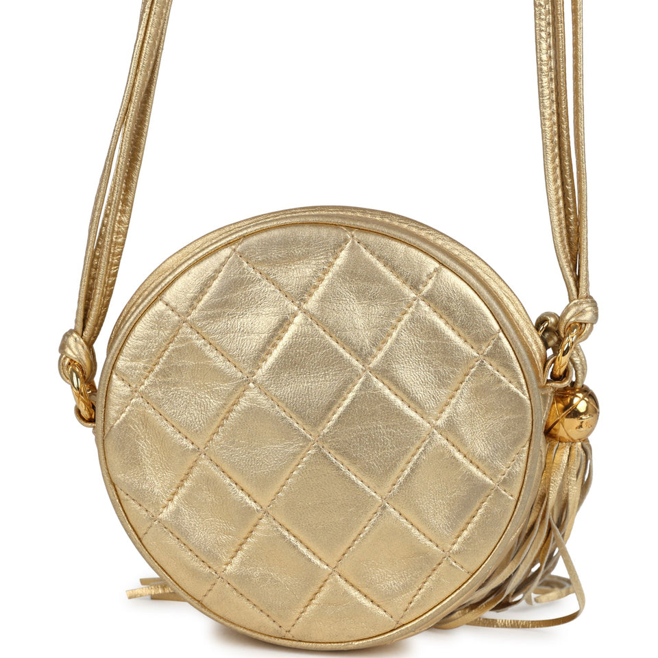 Chanel Vintage Mini CC Round Crossbody Bag Gold Lambskin Gold Hardware