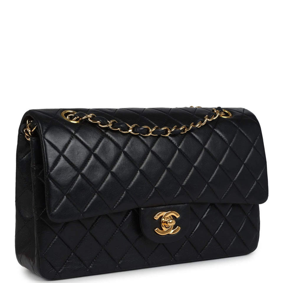Chanel Vintage Medium Classic Double Flap Bag Black Lambskin Gold Hardware