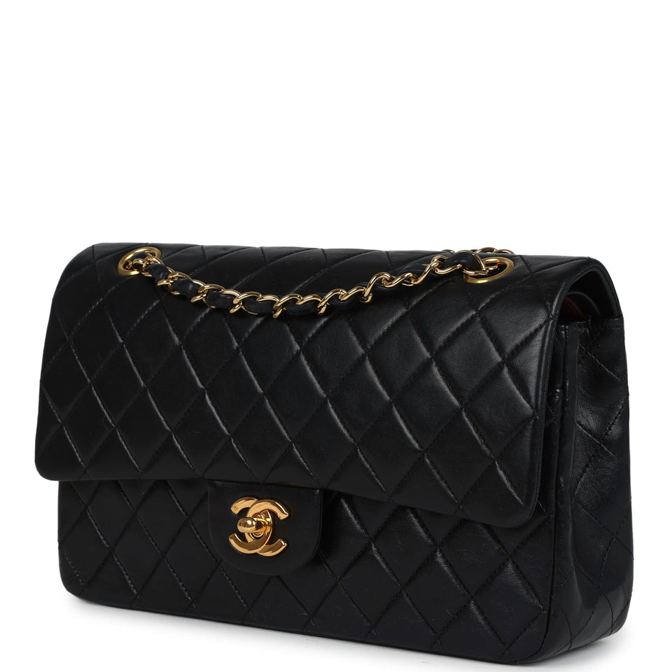 Chanel Vintage Medium Classic Double Flap Bag Black Lambskin Gold Hardware