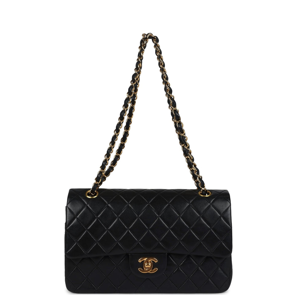 Chanel Vintage Medium Classic Double Flap Bag Black Lambskin Gold Hardware