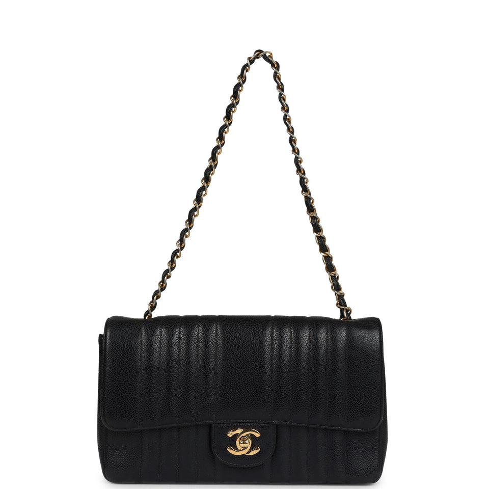 Chanel Vintage Medium Vertical Flap Bag Black Caviar Gold Hardware