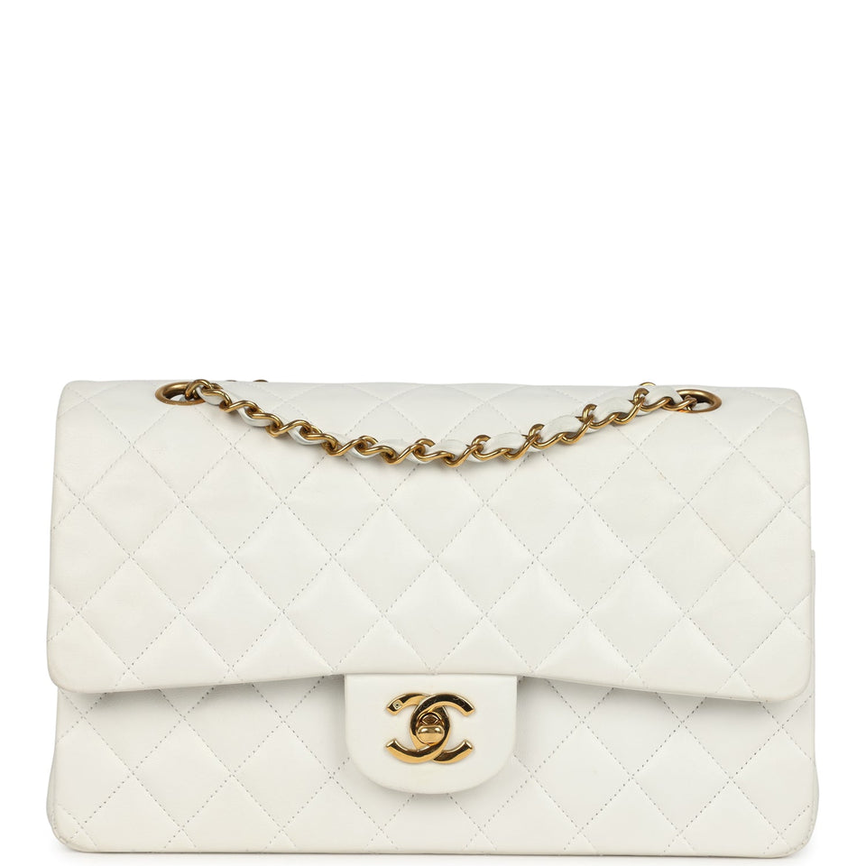 Chanel Vintage Medium Classic Double Flap Bag White Lambskin Gold Hardware