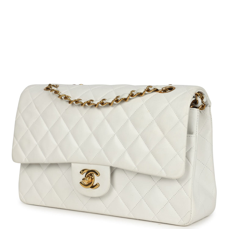 Chanel Vintage Medium Classic Double Flap Bag White Lambskin Gold Hardware