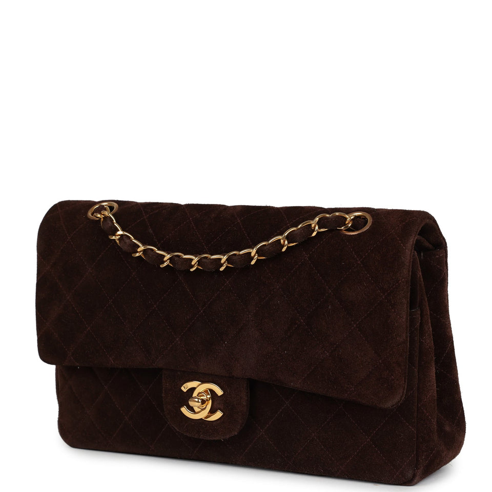 Chanel Vintage Medium Classic Double Flap Bag Brown Suede Gold Hardware