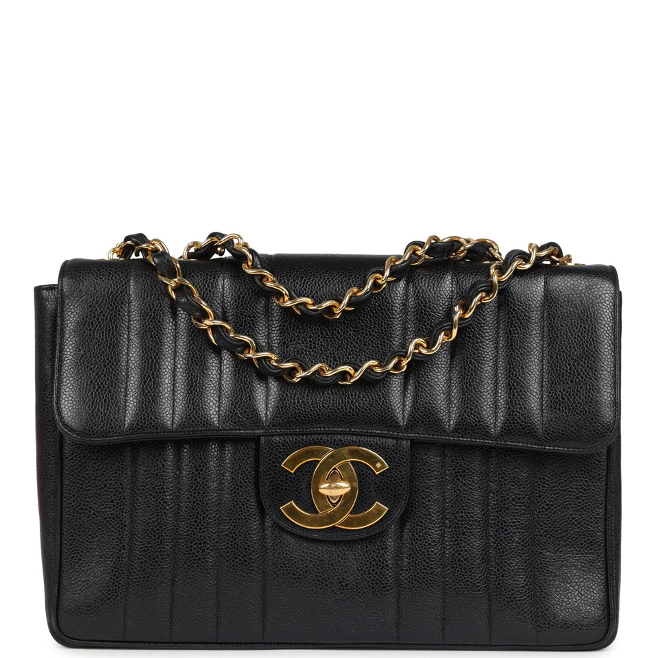 Chanel Vintage Jumbo Mademoiselle Vertical Flap Black Caviar Gold Hardware