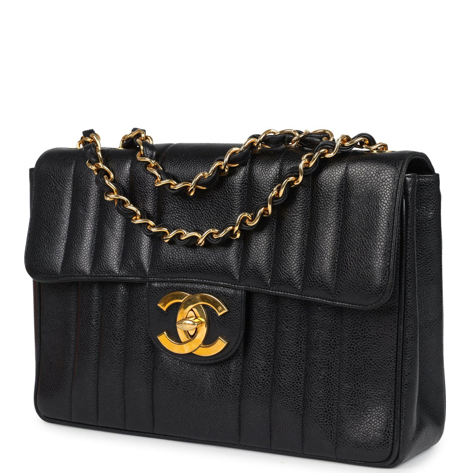 Chanel Vintage Jumbo Mademoiselle Vertical Flap Black Caviar Gold Hardware