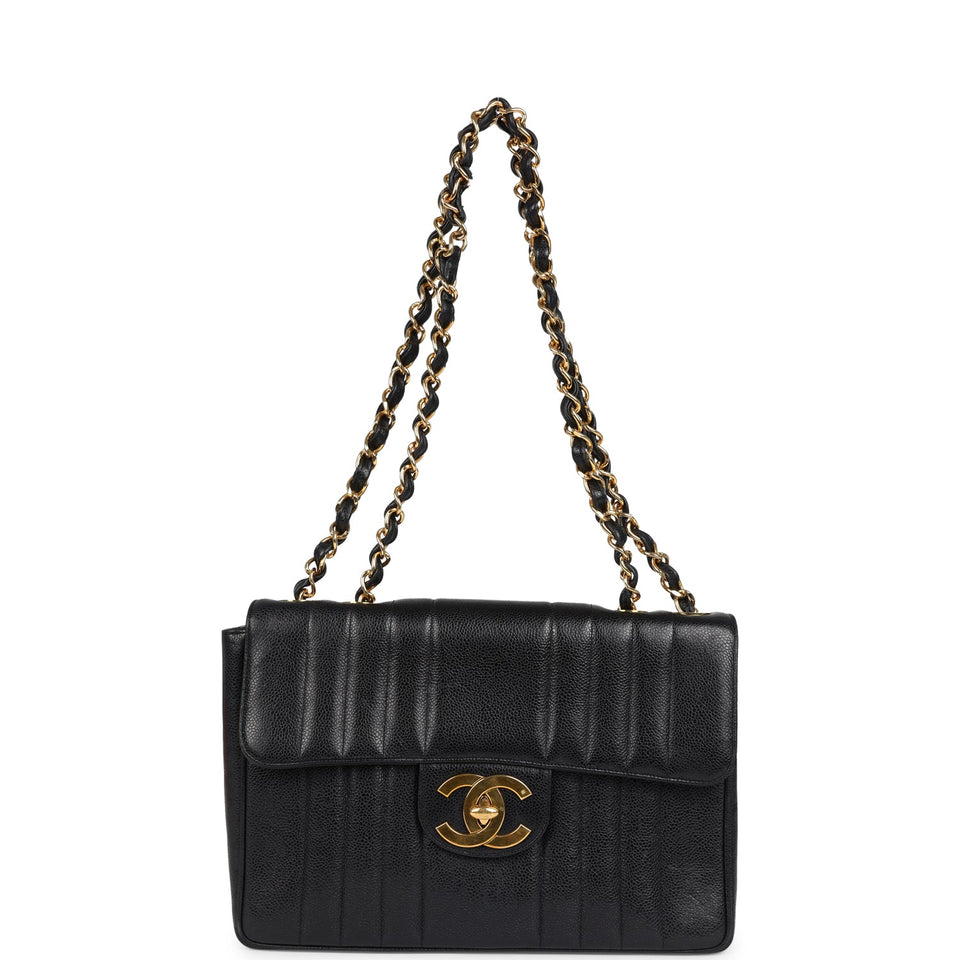 Chanel Vintage Jumbo Mademoiselle Vertical Flap Black Caviar Gold Hardware
