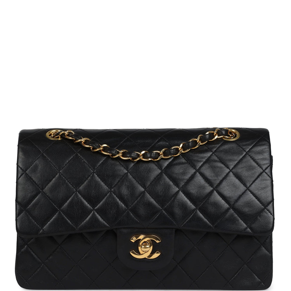 Chanel Vintage Medium Classic Double Flap Bag Black Lambskin Gold Hardware