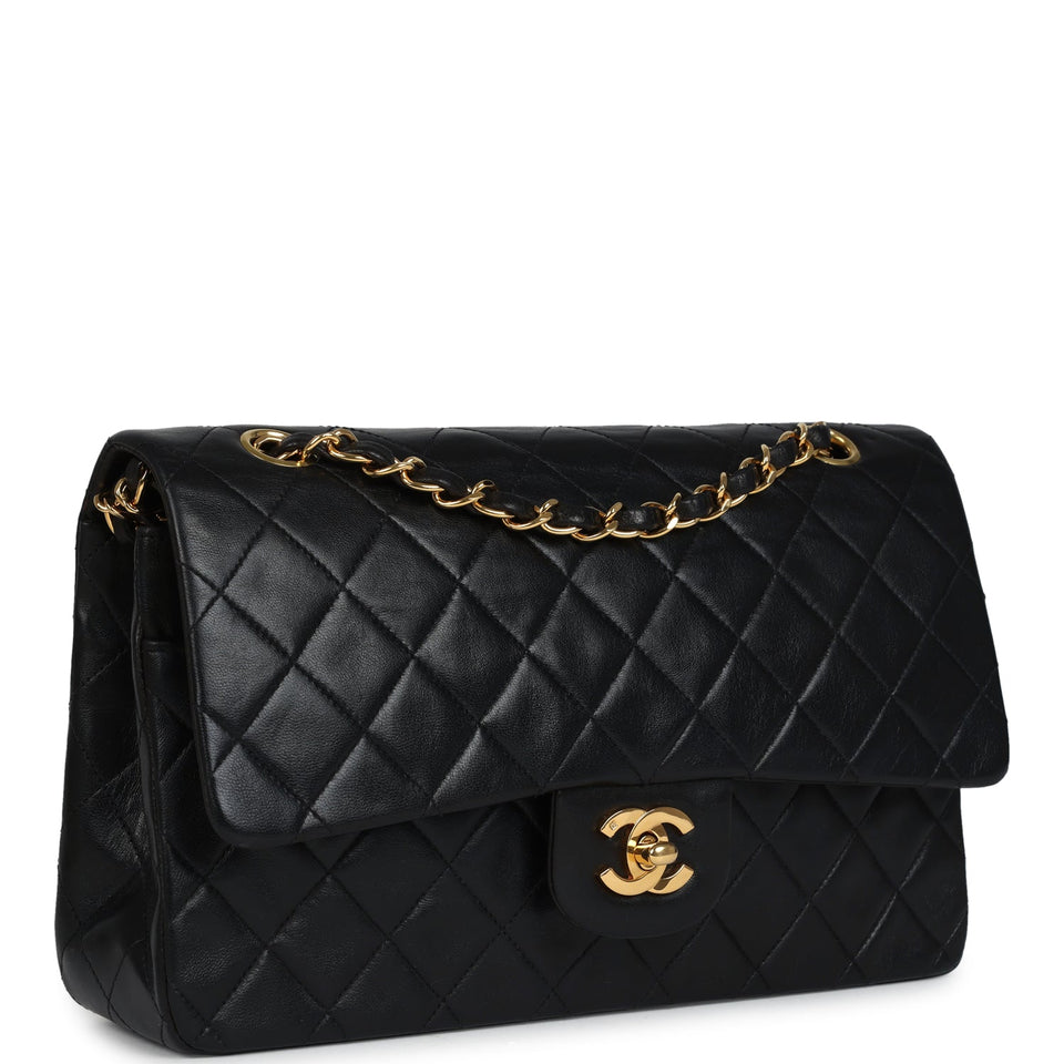 Chanel Vintage Medium Classic Double Flap Bag Black Lambskin Gold Hardware
