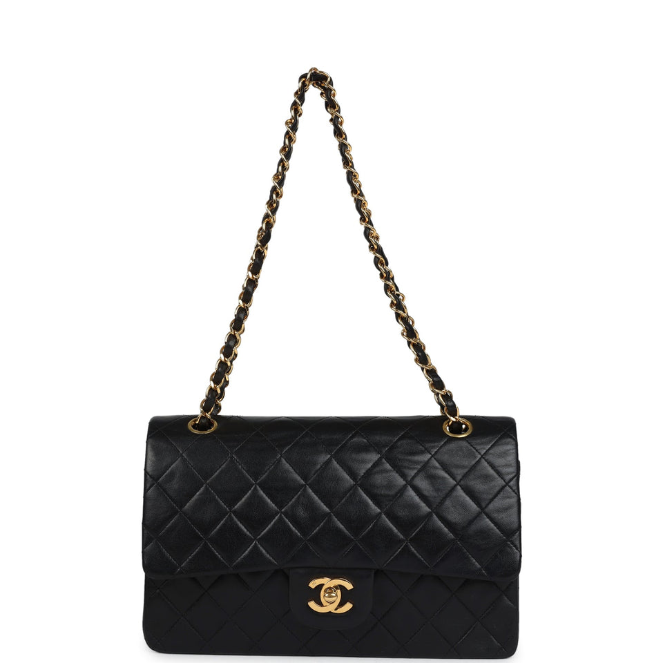 Chanel Vintage Medium Classic Double Flap Bag Black Lambskin Gold Hardware