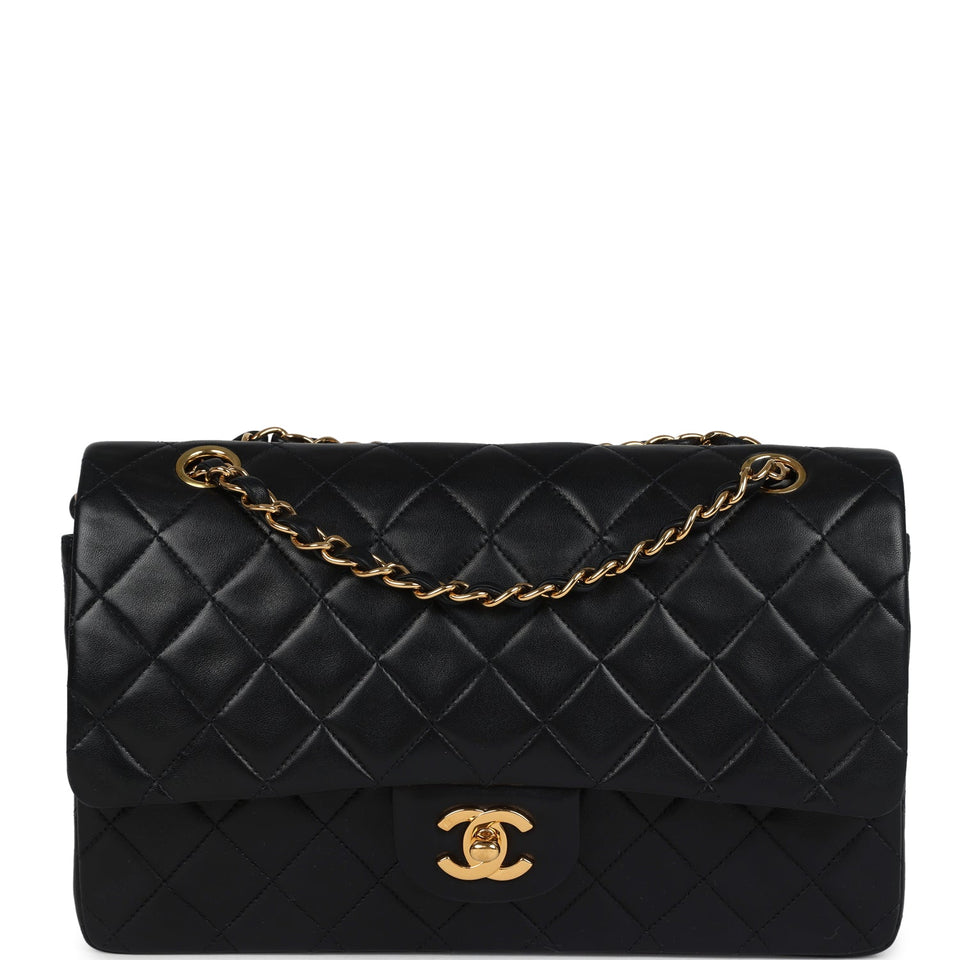 Chanel Vintage Medium Classic Double Flap Bag Black Lambskin Gold Hardware