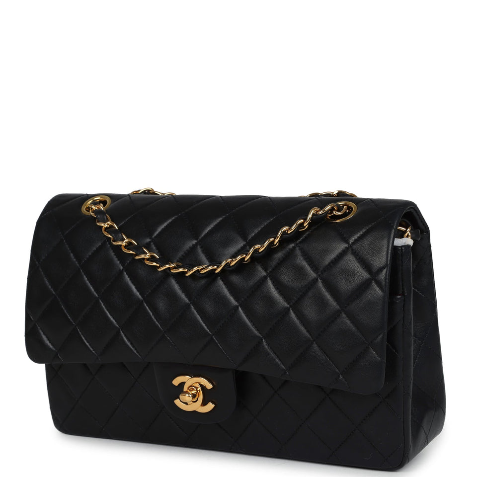 Chanel Vintage Medium Classic Double Flap Bag Black Lambskin Gold Hardware