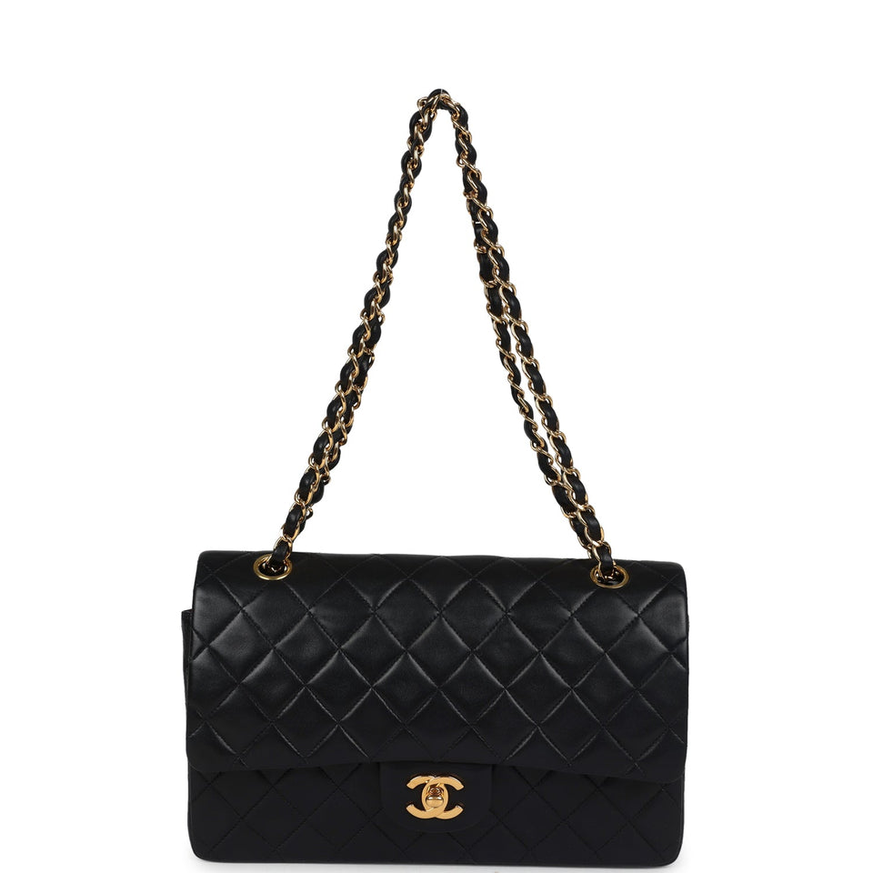 Chanel Vintage Medium Classic Double Flap Bag Black Lambskin Gold Hardware