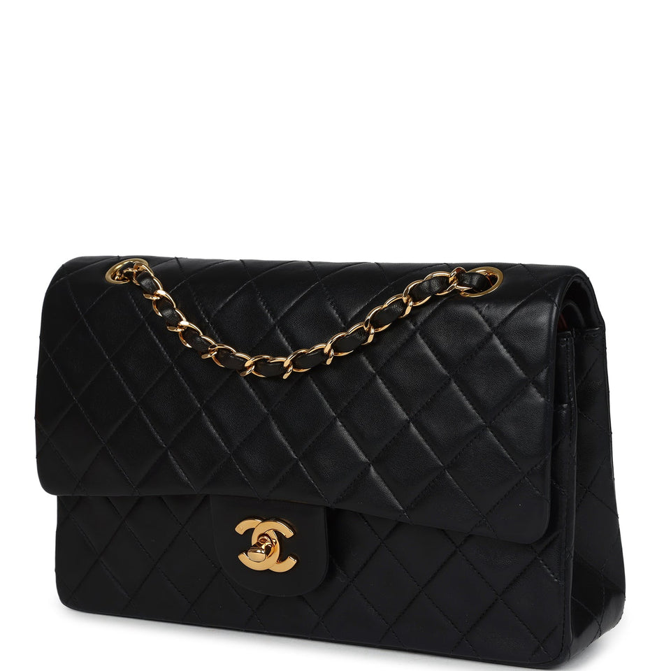 Chanel Vintage Medium Classic Double Flap Bag Black Lambskin Gold Hardware