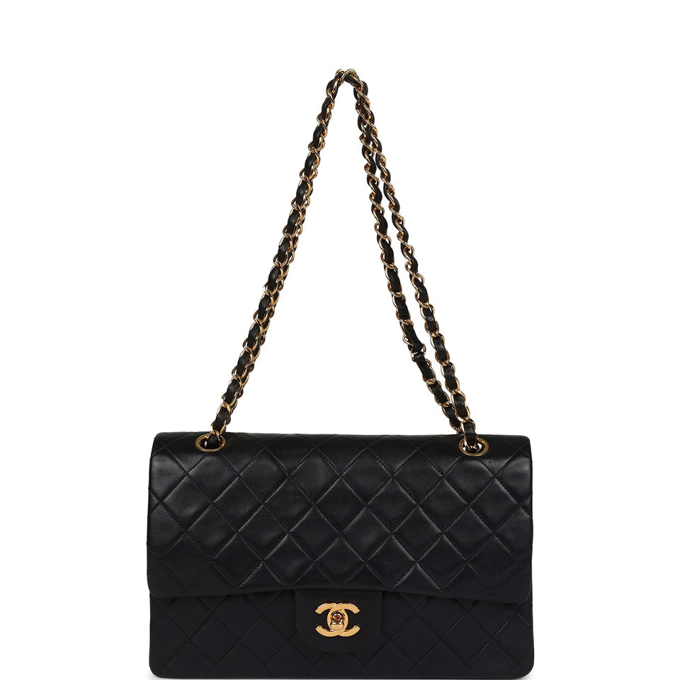 Chanel Vintage Medium Classic Double Flap Bag Black Lambskin Gold Hardware