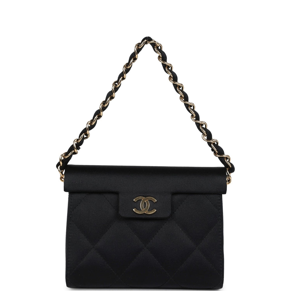 Chanel Vintage Mini Evening Handbag Bag Black Satin Gold Hardware