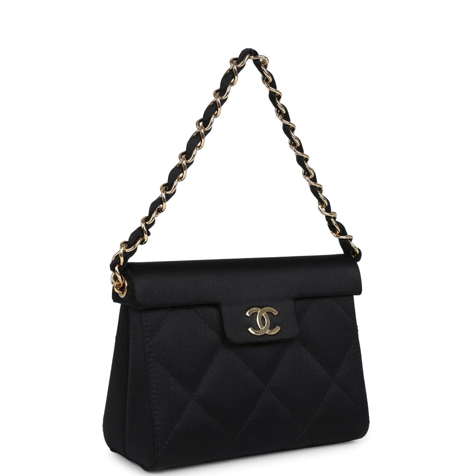 Chanel Vintage Mini Evening Handbag Bag Black Satin Gold Hardware