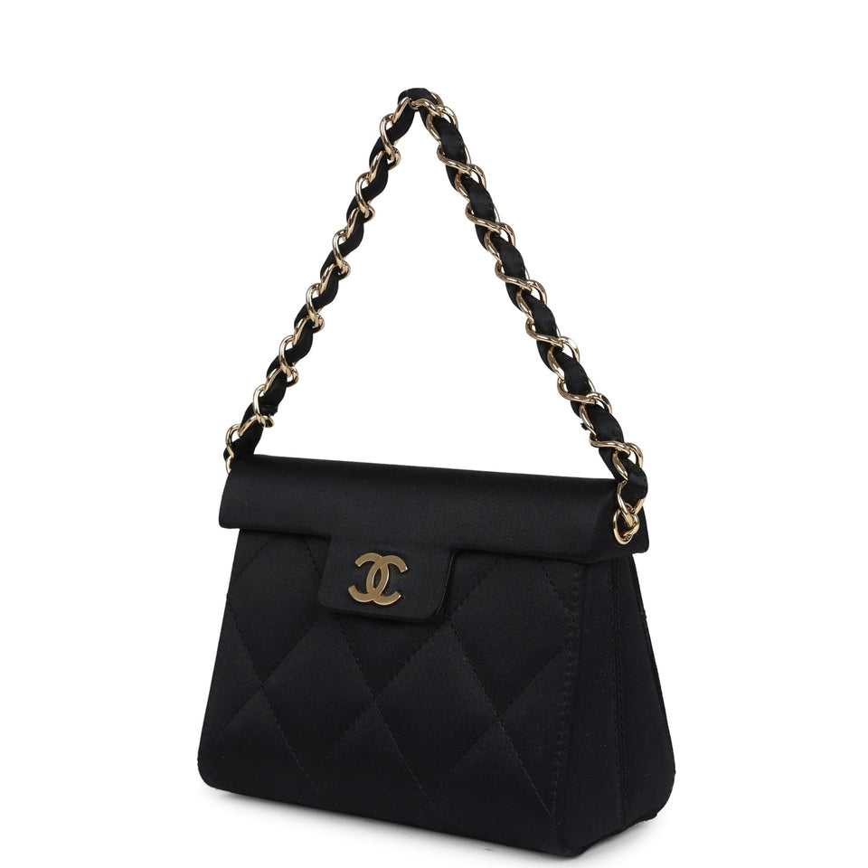 Chanel Vintage Mini Evening Handbag Bag Black Satin Gold Hardware