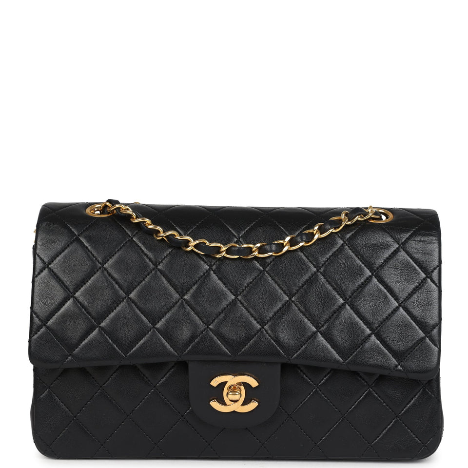 Chanel Vintage Medium Classic Double Flap Bag Black Lambskin Gold Hardware