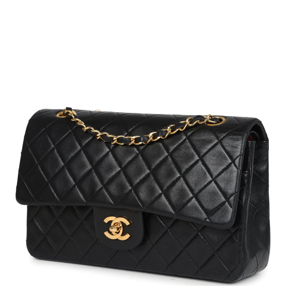 Chanel Vintage Medium Classic Double Flap Bag Black Lambskin Gold Hardware