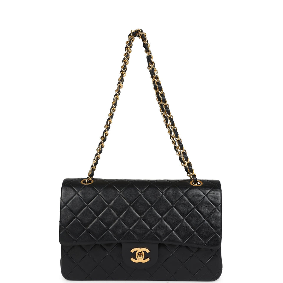 Chanel Vintage Medium Classic Double Flap Bag Black Lambskin Gold Hardware