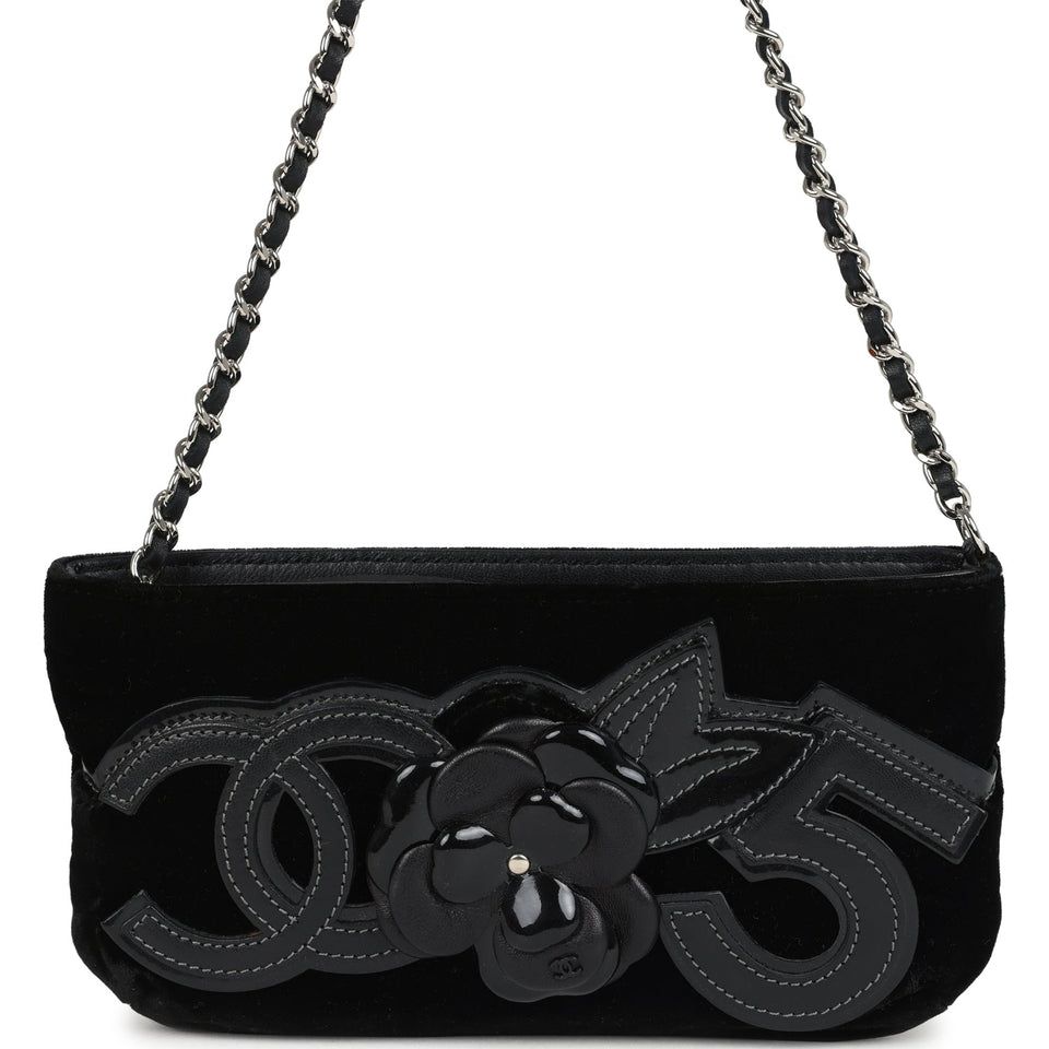 Chanel Vintage Camelia Pochette Black Velvet Silver Hardware