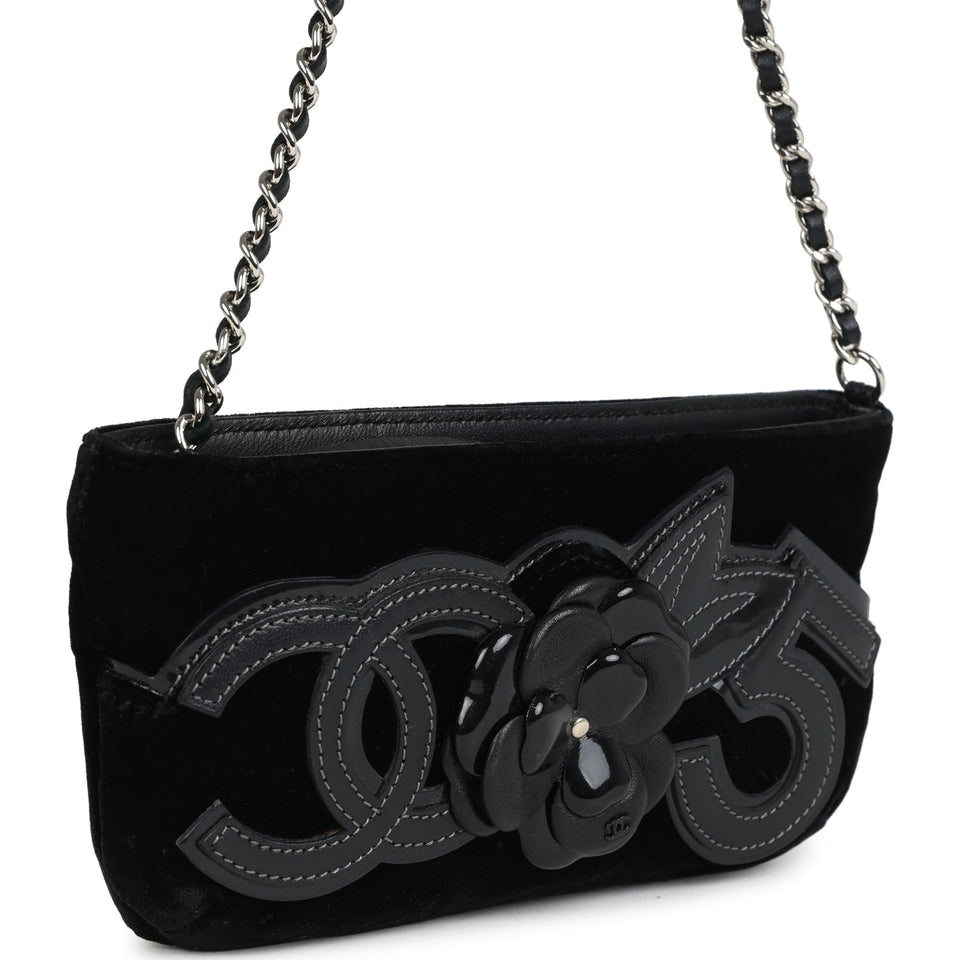 Chanel Vintage Camelia Pochette Black Velvet Silver Hardware