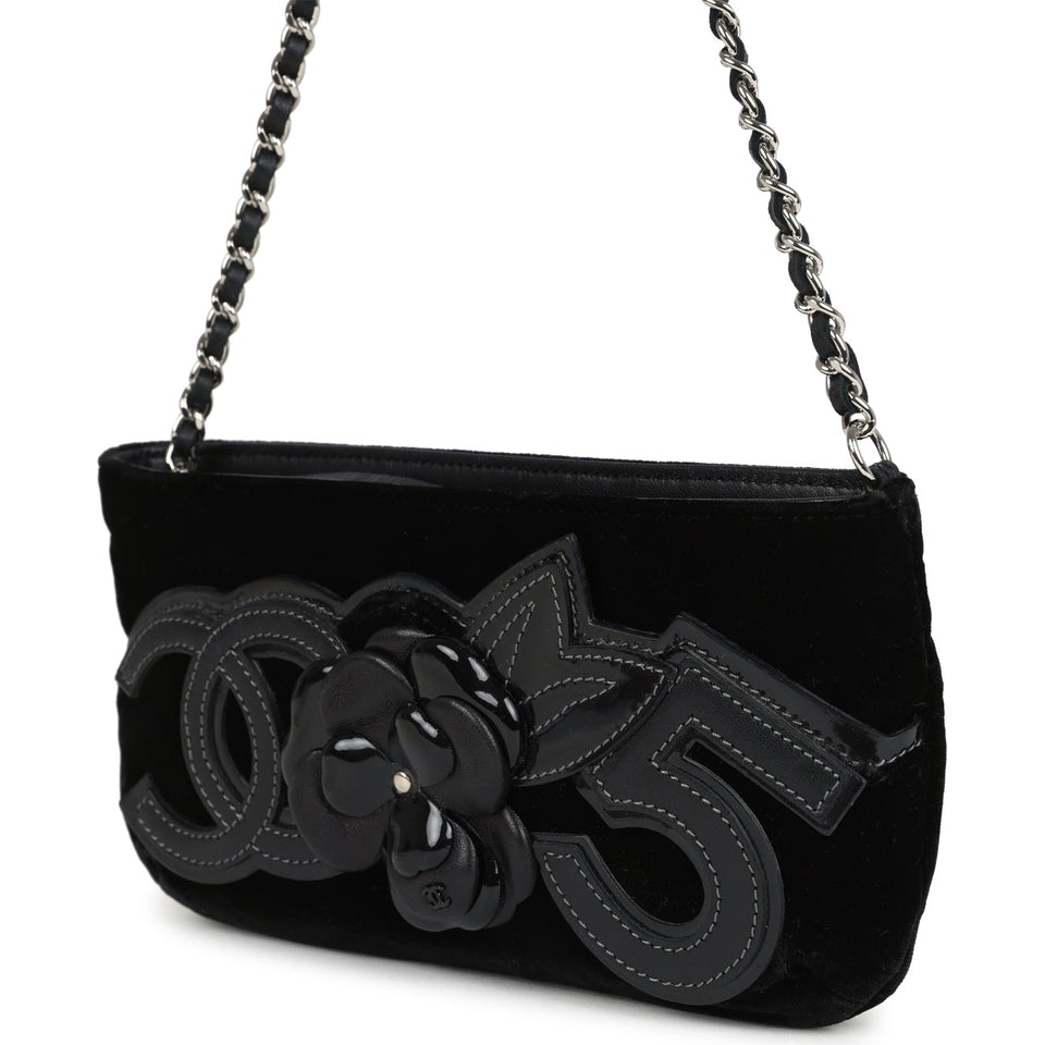 Chanel Vintage Camelia Pochette Black Velvet Silver Hardware