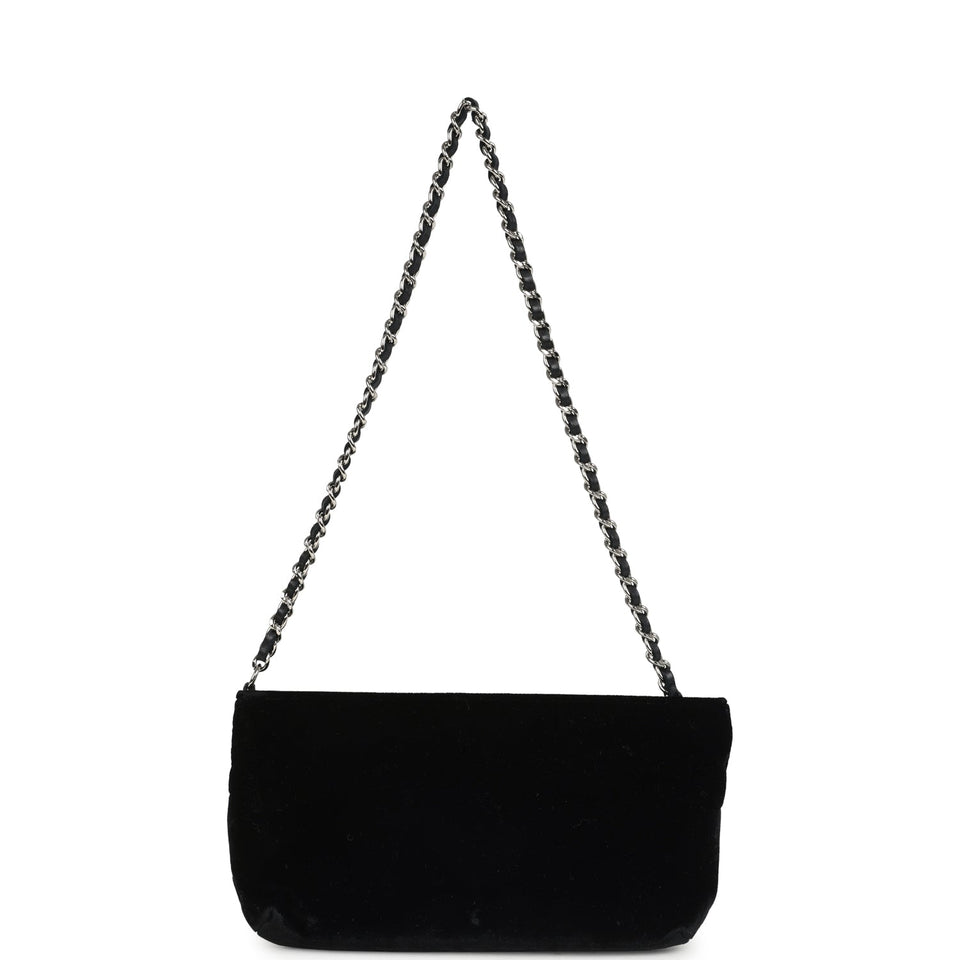 Chanel Vintage Camelia Pochette Black Velvet Silver Hardware