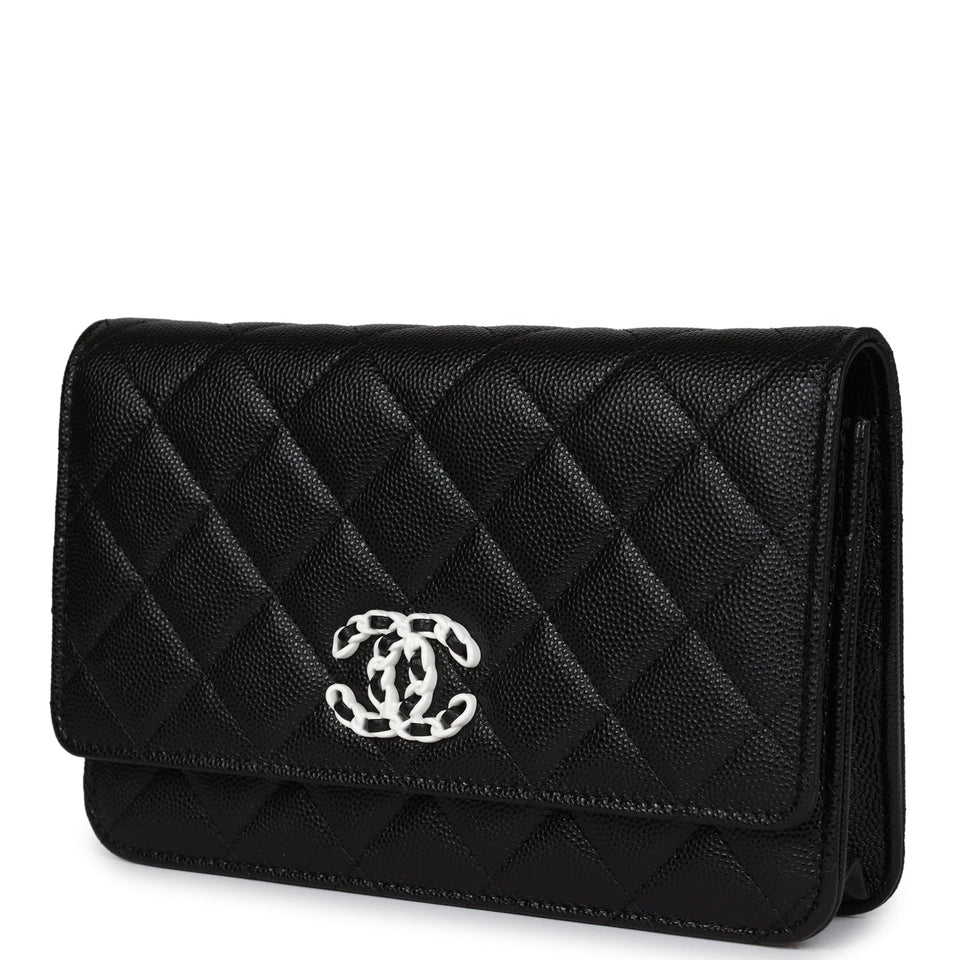 Chanel Wallet On Chain WOC Black Caviar White and Silver Hardware