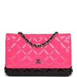 Chanel Classic Wallet On Chain WOC Pink & Black Patent Leather Silver Hardware