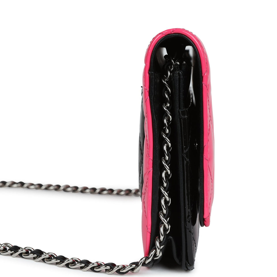 Chanel Classic Wallet On Chain WOC Pink & Black Patent Leather Silver Hardware