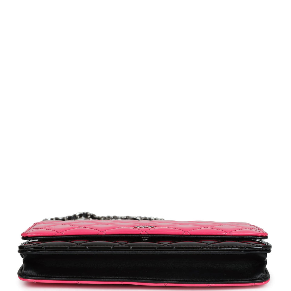 Chanel Classic Wallet On Chain WOC Pink & Black Patent Leather Silver Hardware