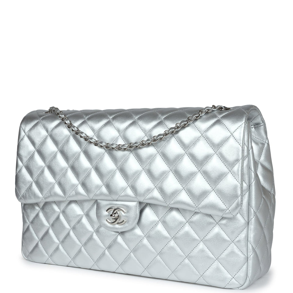 Chanel XXL Flap Bag Silver Metallic Lambskin Silver Hardware