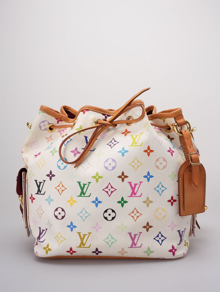 Louis Vuitton Takashi Murakami White Multicolore Monogram Coated Canvas Petit Noe Bag Gold Hardware