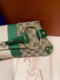 Gucci Horsebit 1955 Chain Cloth Gucci Monogram Green Leather and Gold Studs