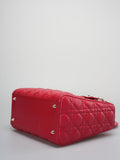 Christian Dior Red Medium Lady Dior Bag in Cannage Lambskin Leather with Gold Hardware
