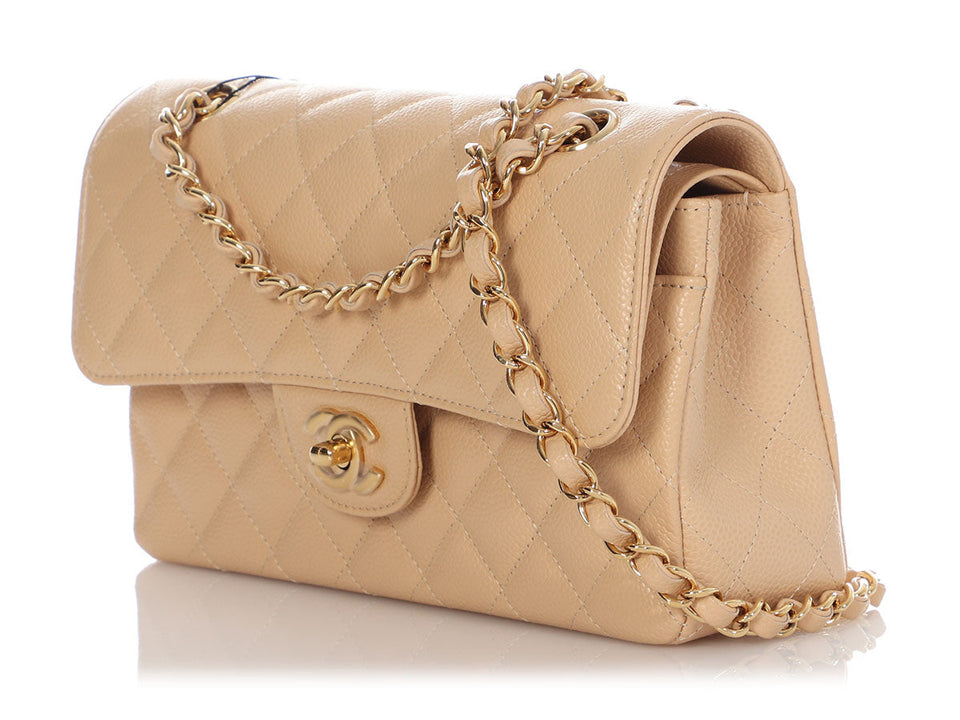 Chanel Small Beige Claire Quilted Caviar Classic Double Flap