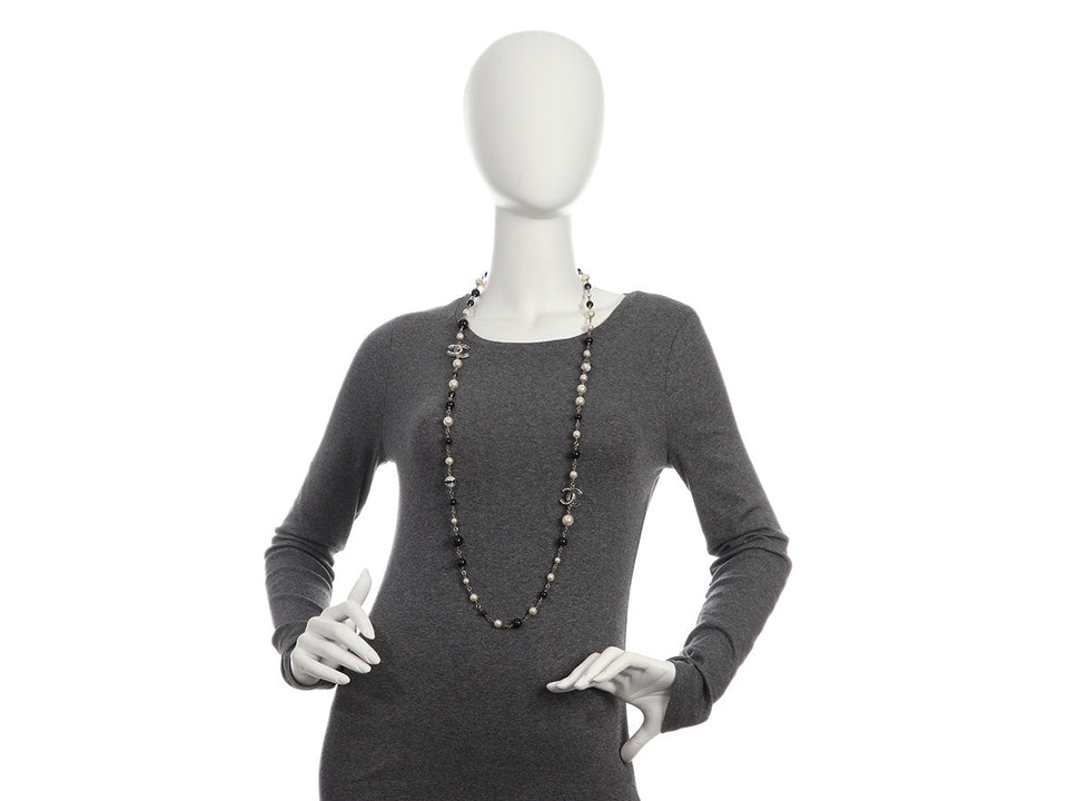 Chanel Long Black Beads, Pearls, and Crystal Logos Necklace