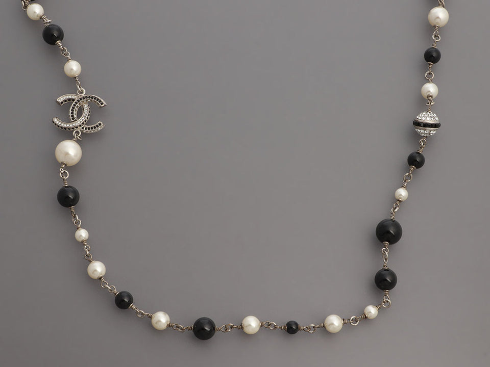 Chanel Long Black Beads, Pearls, and Crystal Logos Necklace