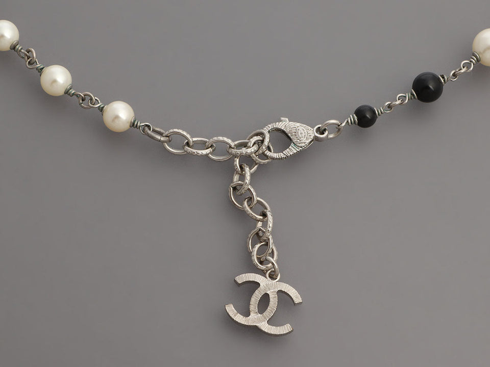 Chanel Long Black Beads, Pearls, and Crystal Logos Necklace