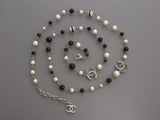 Chanel Long Black Beads, Pearls, and Crystal Logos Necklace