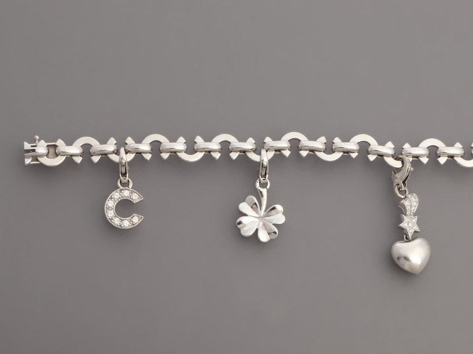 Chanel 18K White Gold Diamond Logo Charm Bracelet